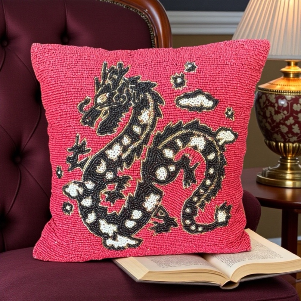 High End Red Black White Gold Beaded Dragon Throw Pillow